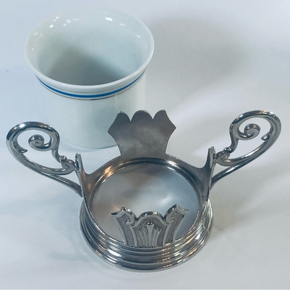 Rare Vintage Italy Fine Porcelain White Sugar Bowl EP Zinc Chrome Stand Art Deco - Picture 2 of 5